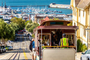 San Francisco Cable car with view of Alcatraz Island, San Francisco