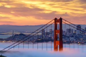 San Francisco Early morning fog over Golden Gate Bridge and city of San Francisco