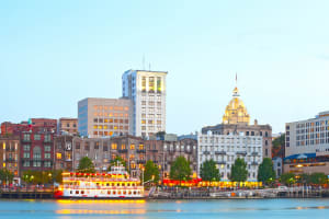 Savannah Historic Savannah downtown at sunset with steam boats, Savannah, Georgia