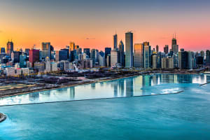 Chicago View of Chicago skyline at sunset from lake