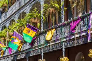 New Orleans Mardi Gras decorations on French Quarter balconies, New Orleans, Louisiana