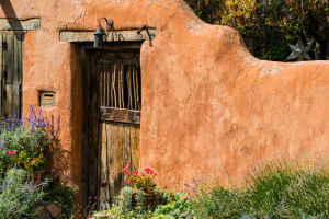 Santa Fe Flowers and Southwest Adobe on Canyon Road, Santa Fe, New Mexico