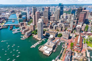 Boston Marriott Long Wharf drone shot of hotel
