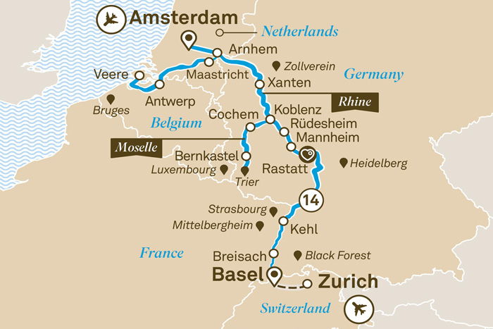 Scenic Romantic Rhine and Moselle Cruise Itinerary Map